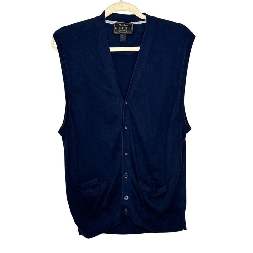 Jos A Bank Reserve Cotton Silk Blend Navy Blue Vest Pockets Workwear Office XL